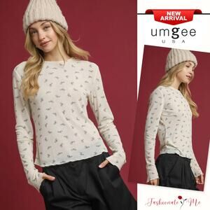 Umgee Bow Print Lettuce Hem Round Neck Long Sleeves Lightweight Knit Top | Cream